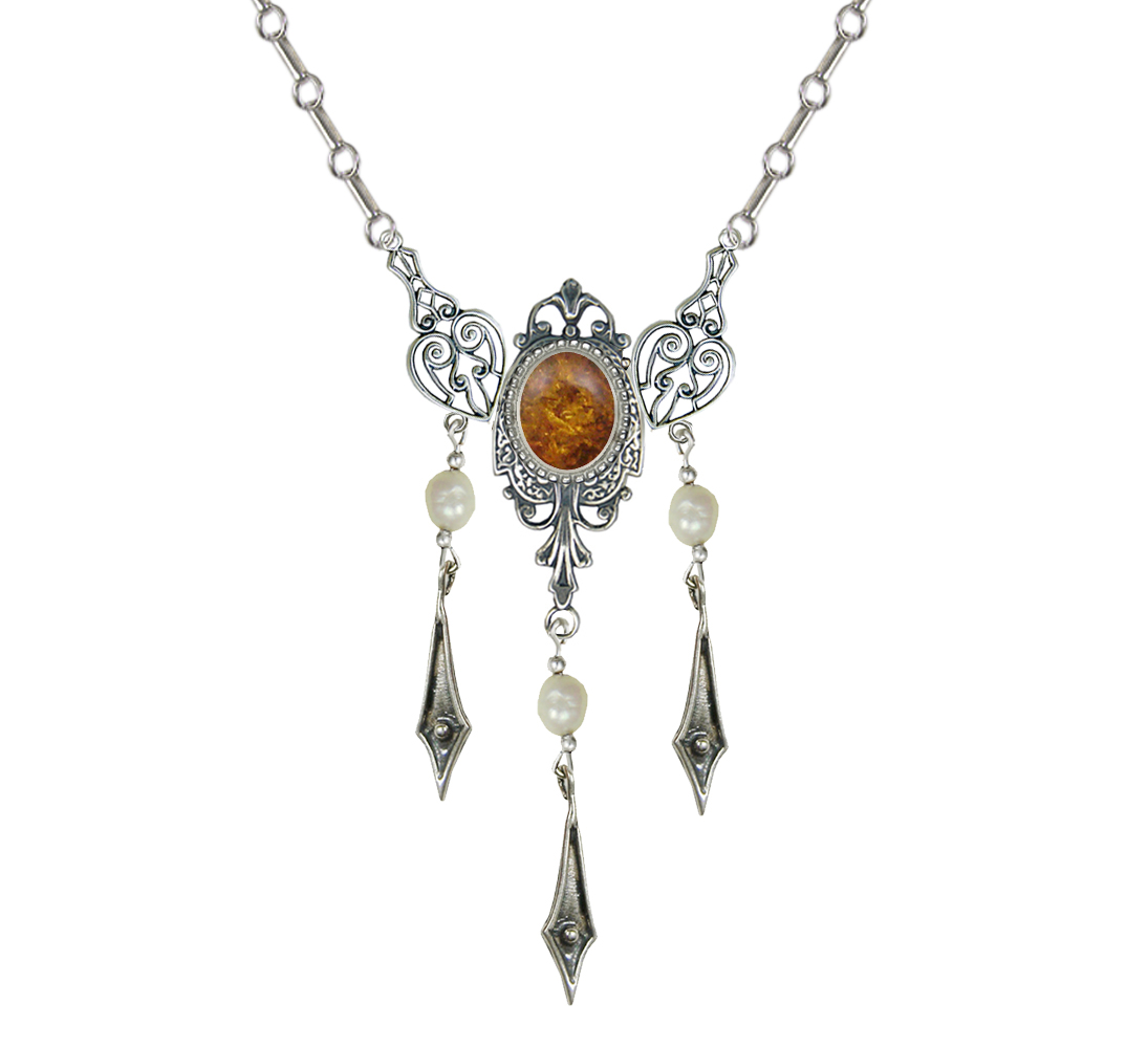 Sterling Silver Victorian Necklace With Amber